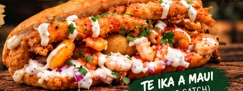 Pai Kai Te Ika A Maui seafood roll with prawns, squid and seafood sauce