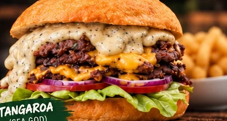 Pai Kai Tangaroa burger with a whitebait fritter, smashed beef and creamy sauce