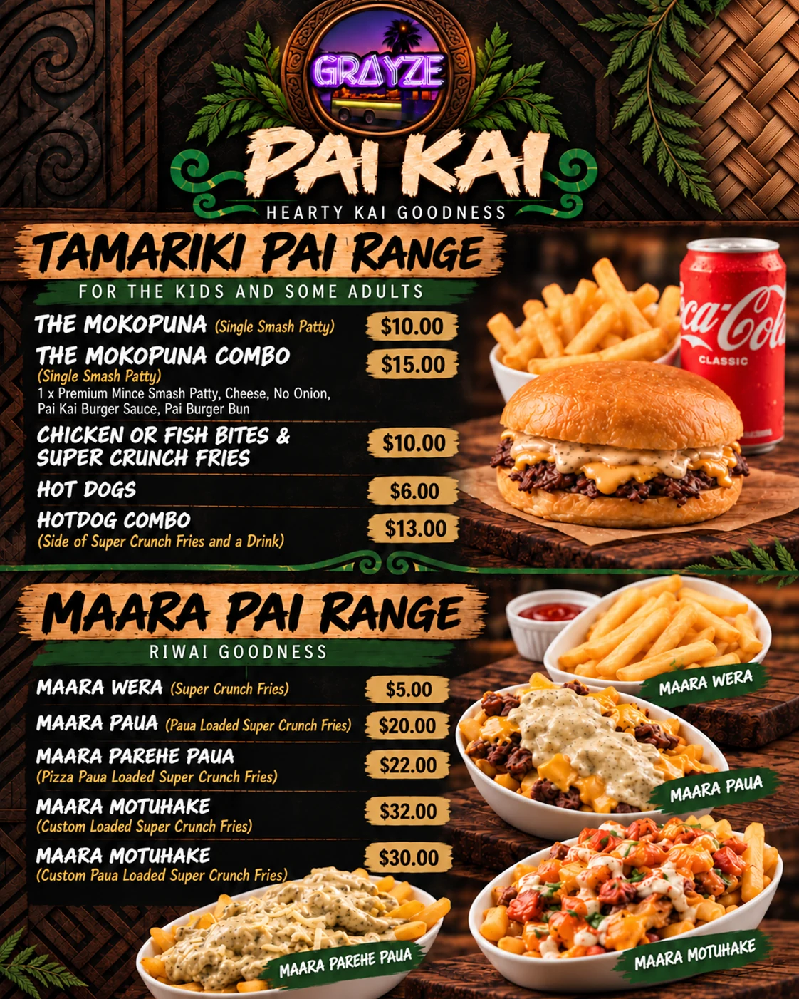 Pai Kai: Tamariki & Maara Pai original menu, including food descriptions and prices