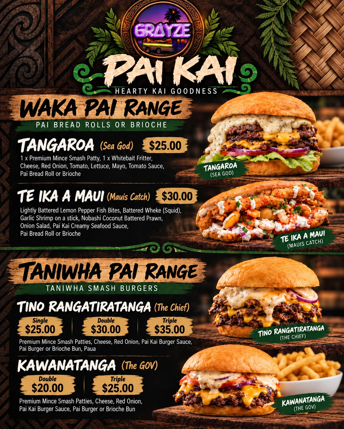 Pai Kai: Waka Pai & Taniwha Pai original menu, including food descriptions and prices