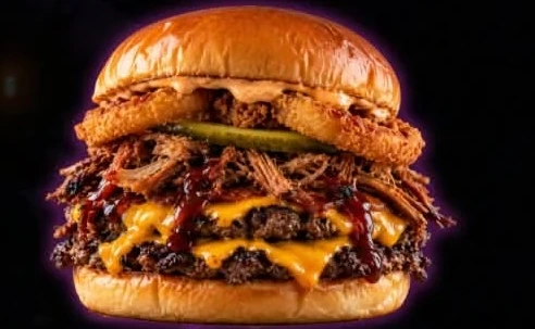 Grayze Pulled Poaka burger with pulled pork, cheese and onion ring