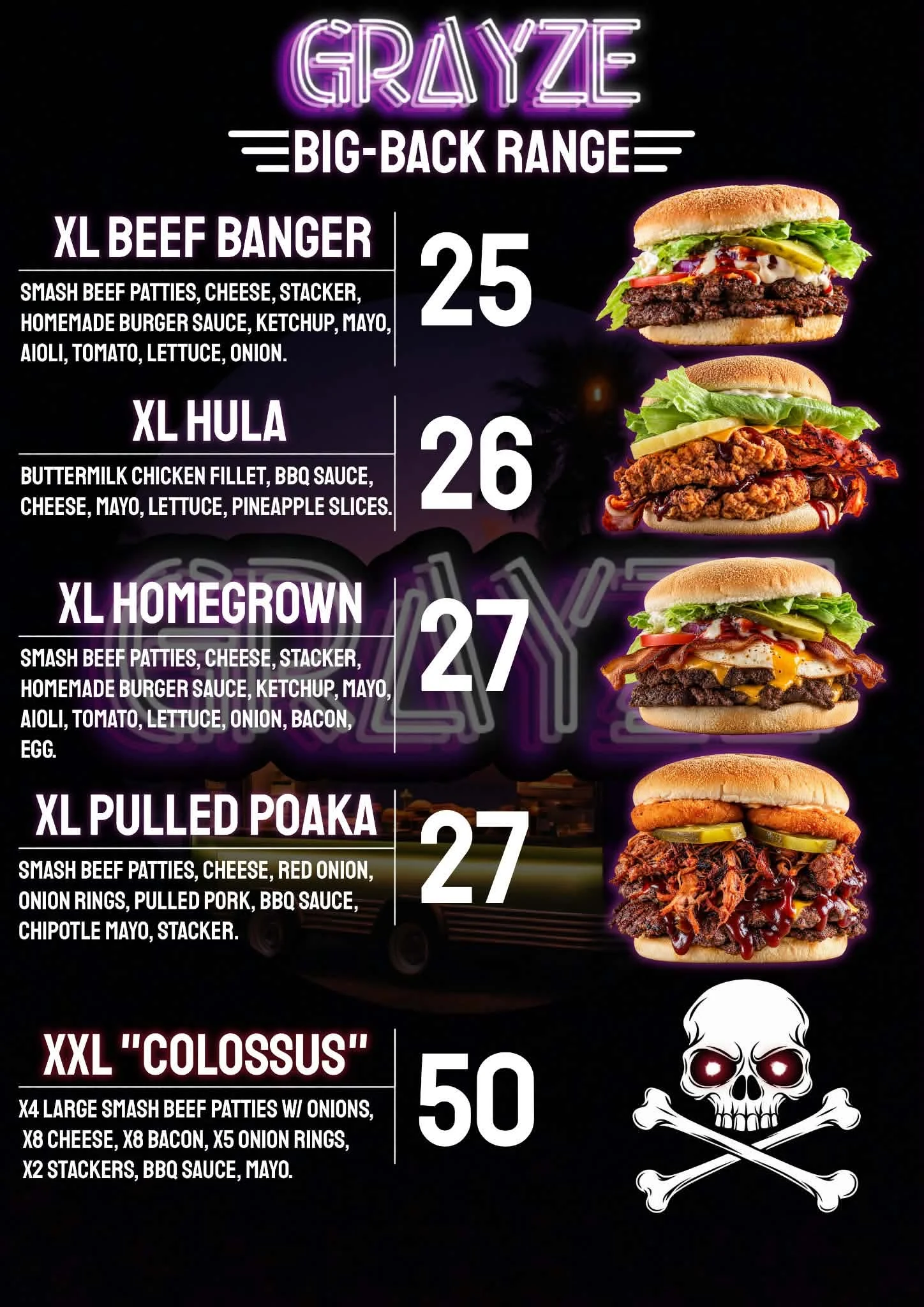 Smash Burgers: Big-back range original menu, including food descriptions and prices